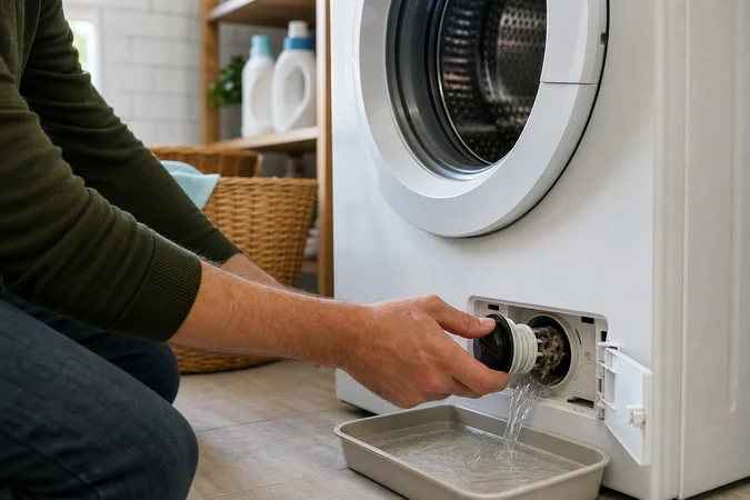 Persona arrodillada junto a lavadora abre filtro drenando agua visiblemente