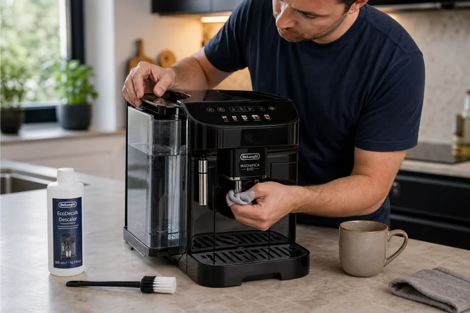 Persona en cocina revisa cafetera vacía descalcificador y boquilla cercana