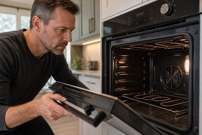 Persona observa interior de horno eléctrico en cocina moderna iluminada