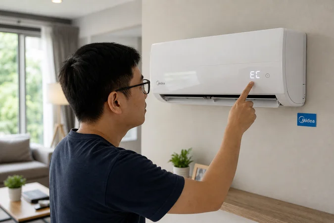 Propietario inspecciona aire acondicionado Midea EC con indicador visible claro